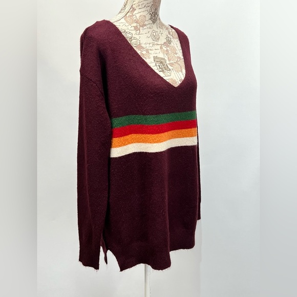 WISHLIST Deep eggplant with rainbow stripe V neck sweater size M/L. - Picture 6 of 12
